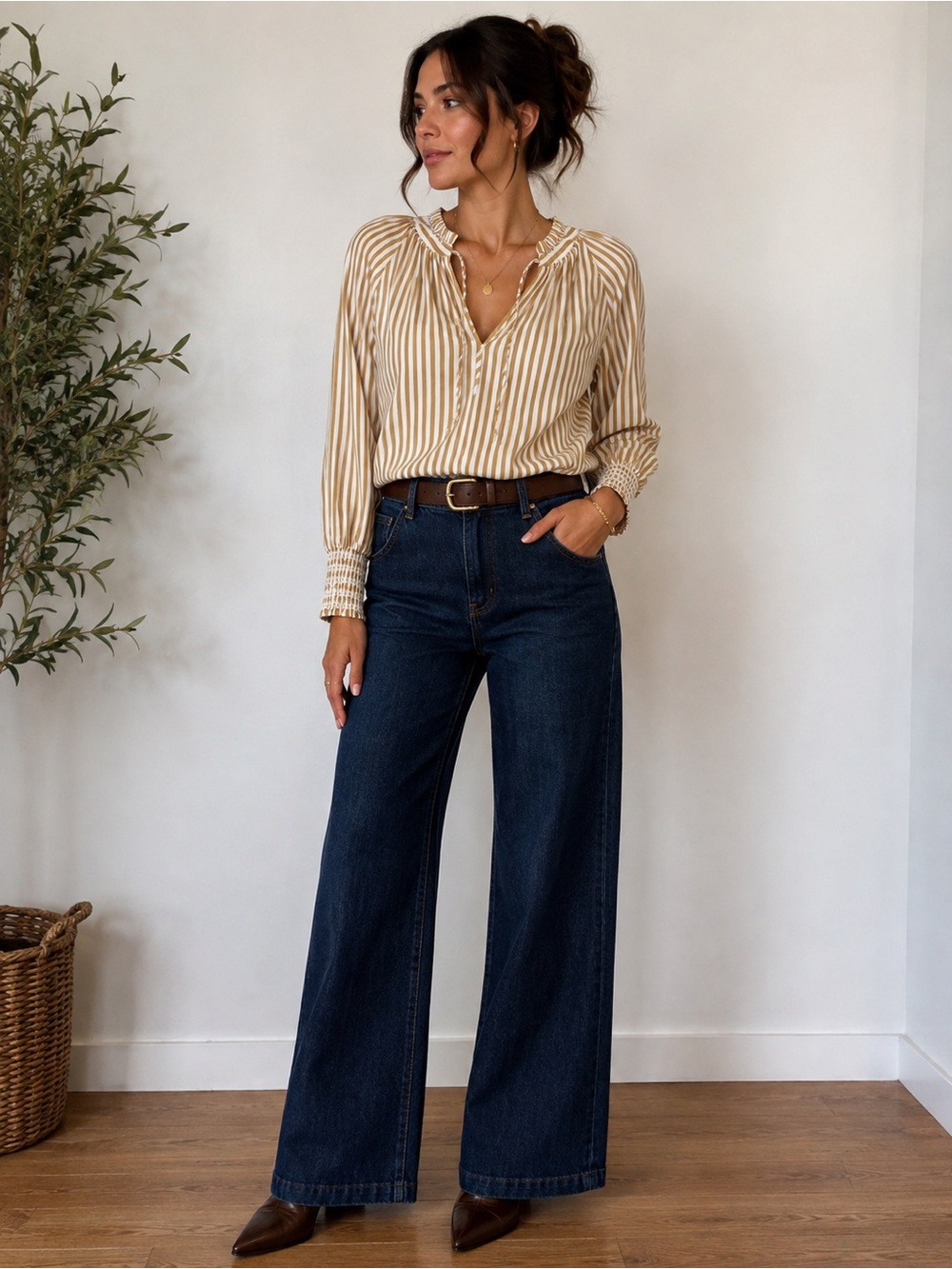 J.Crew Tan White Striped Cotton Ruffle Tie Neck Smocked Cuff Blouse XS